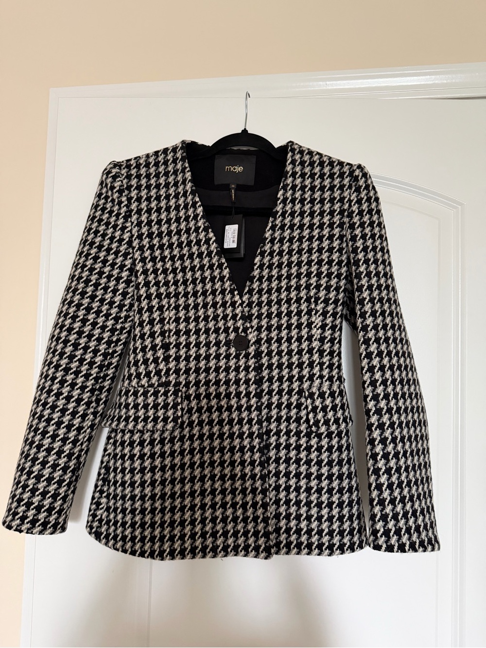 Maje Black & White Houndstooth Tailored Single-Button Blazer